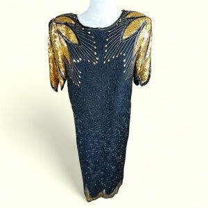 Carina SZ 8 vintage 80’s black silk beaded w‎ gold butterfly design midi dresss